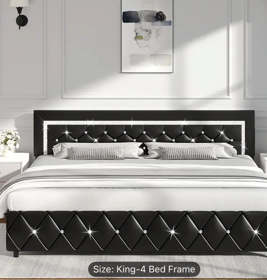 Black Upholstered Bed Frame With Diamond Tufted Headboard