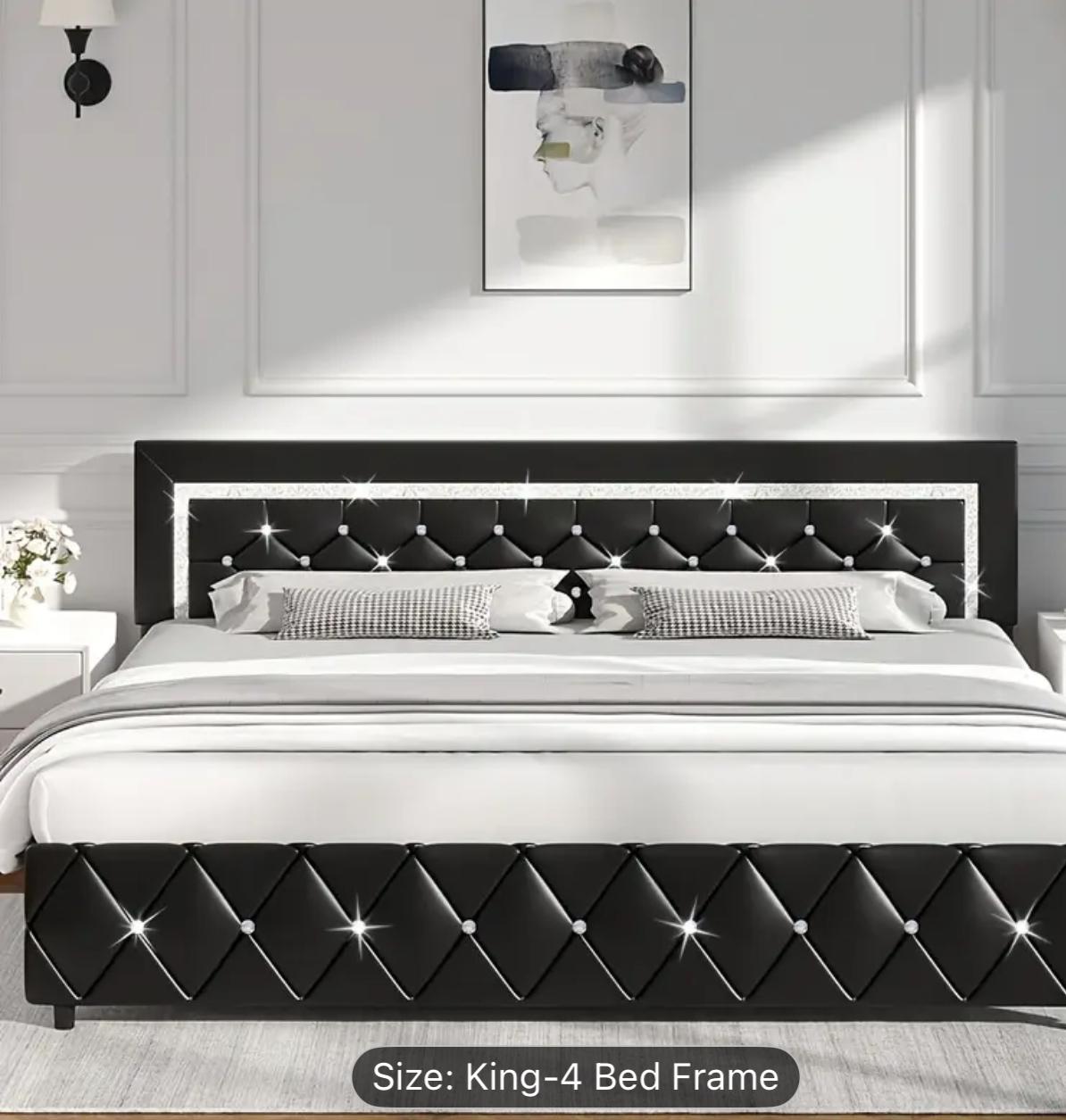 Black Upholstered Bed Frame With Diamond Tufted Headboard