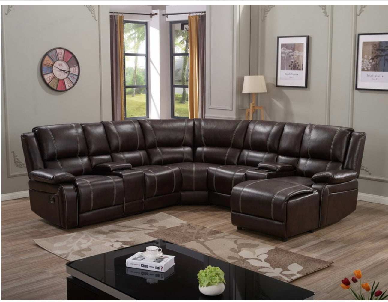 Brown Leather Recliner Sectional w/Chaise