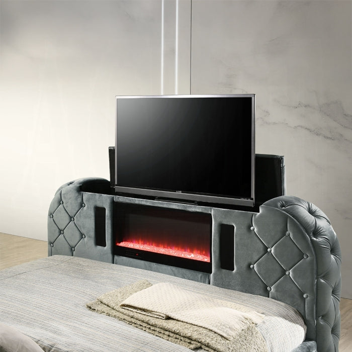 Gray Velvet Queen Bed w/LED, Fireplace & TV Stand