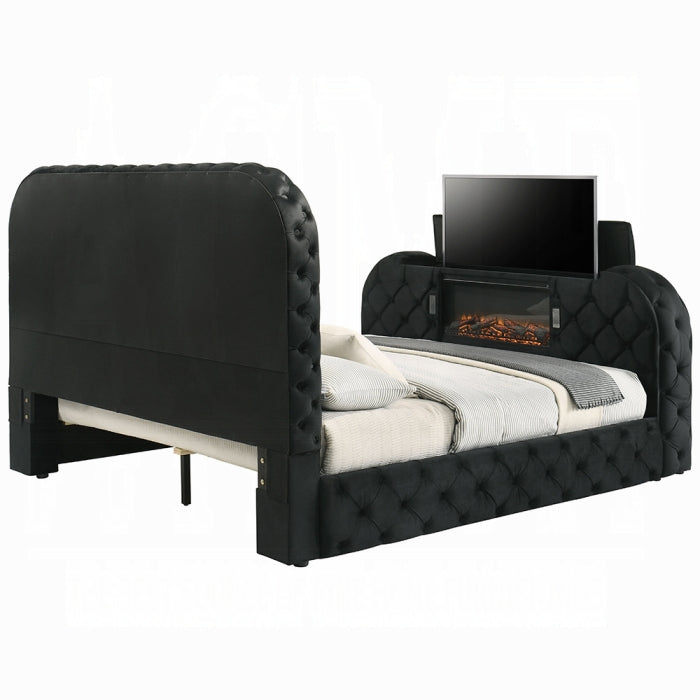 Black King Queen Bed w/LED, Fireplace & TV Stand