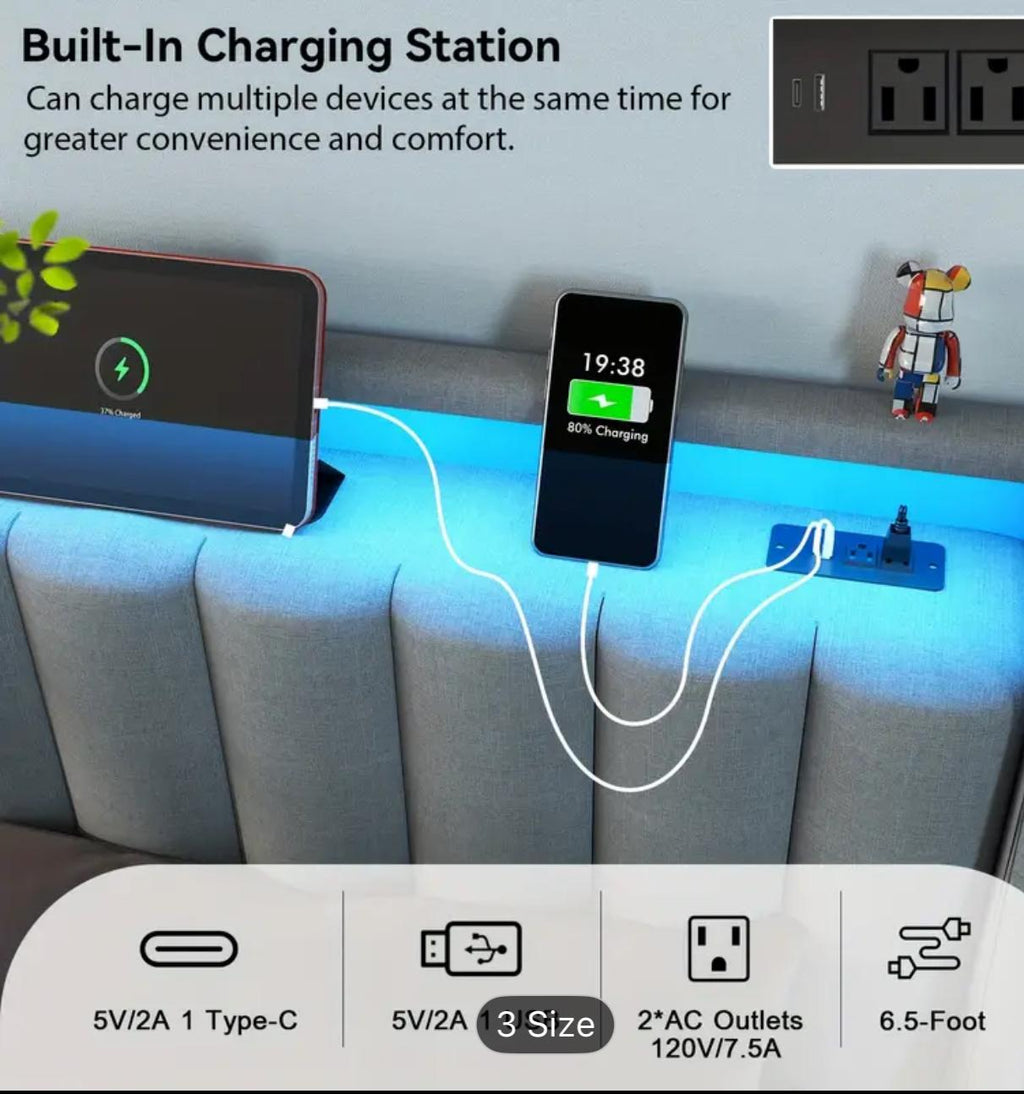 Full Queen Bed Frame With Storage Headboard And 2 Drawer,