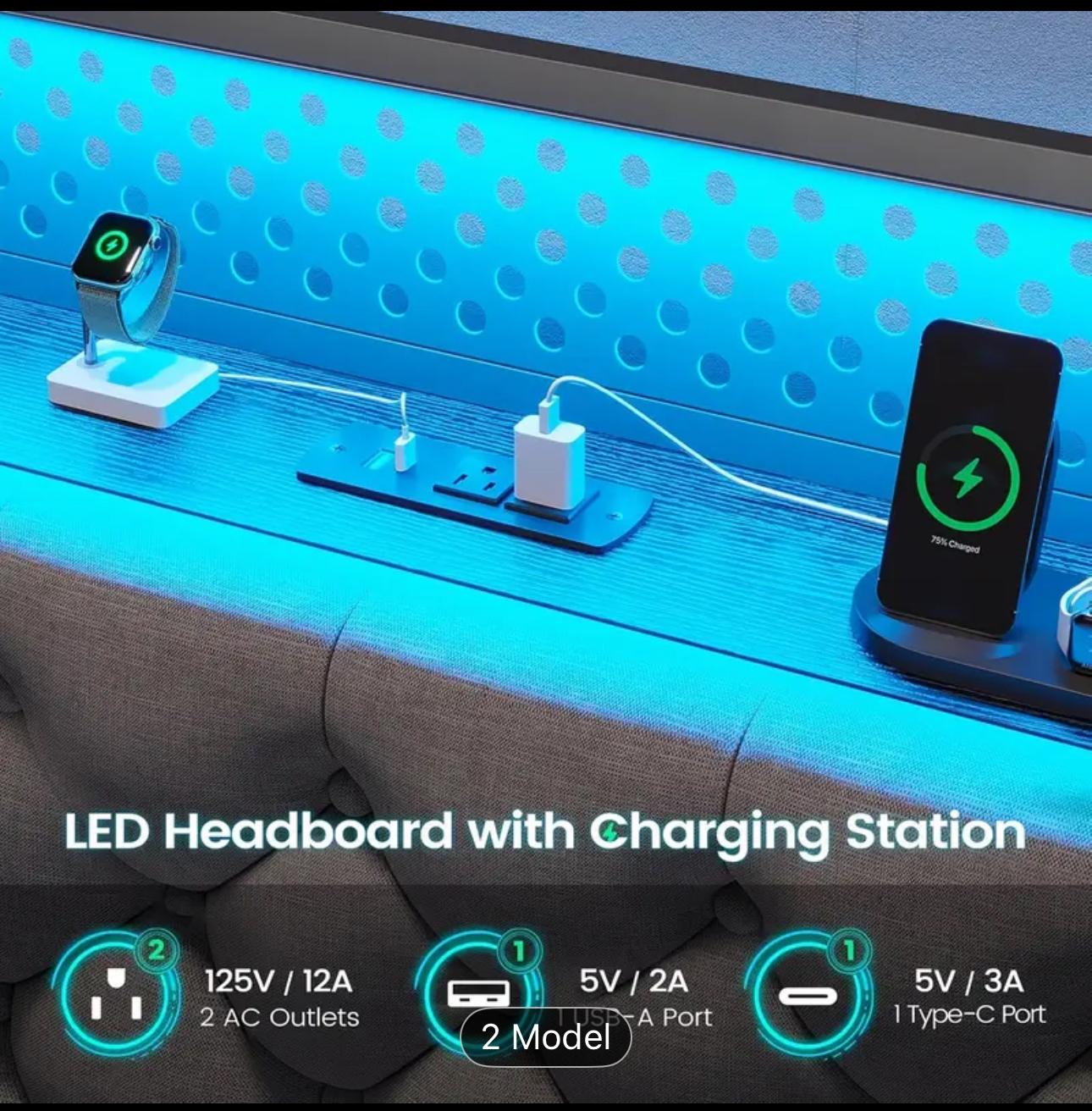 Full Queen Bed Frame With Storage Headboard And 2 Drawer,