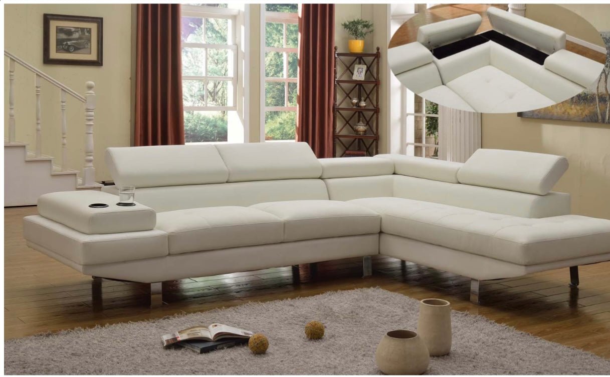 White Leather Sectional W/ Adjustable Headrest