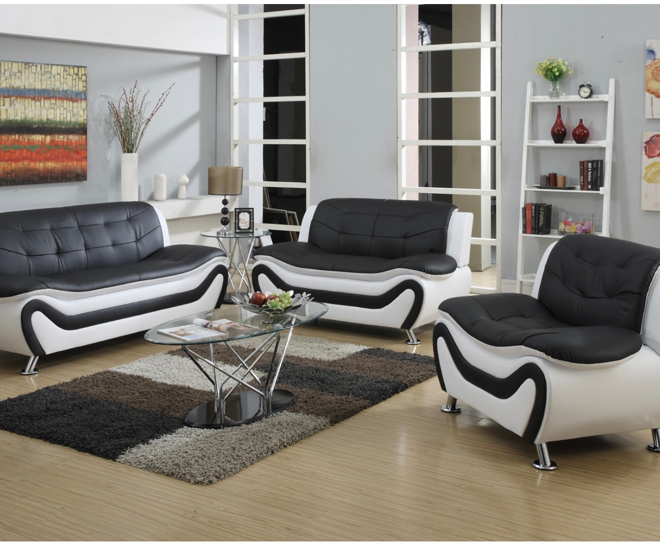 3Pc Black & White Leather Livingroom Set