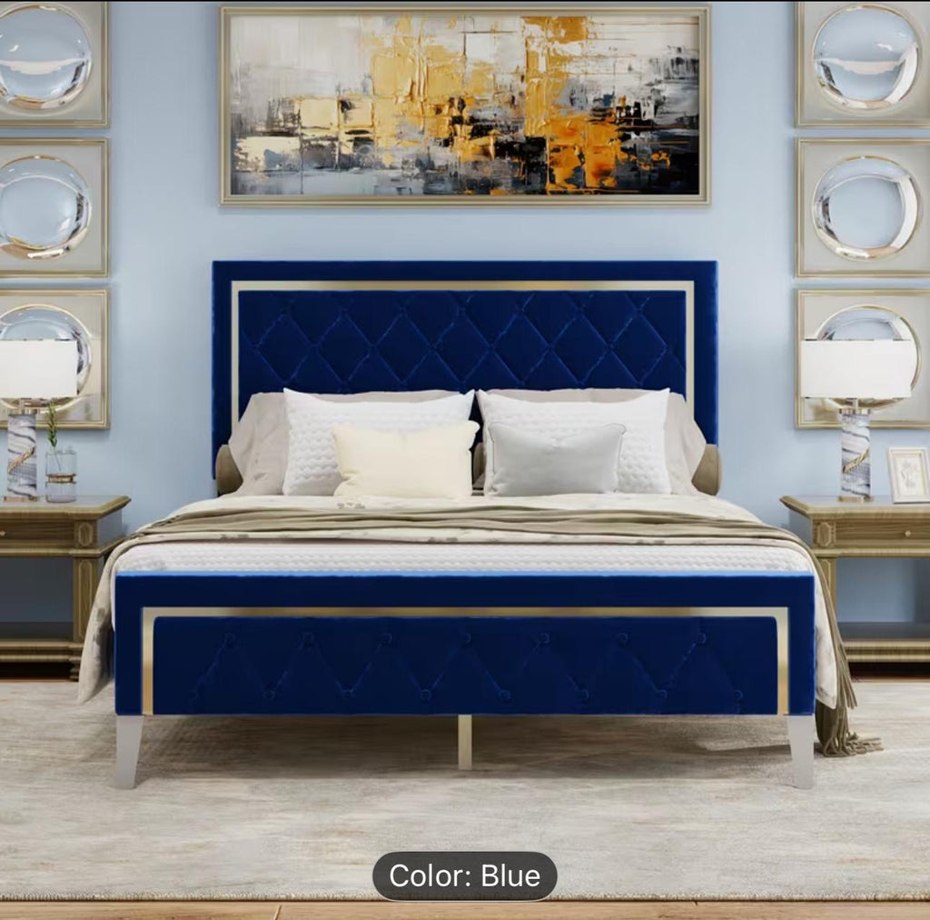 Blue Velvet Upholstered Platform Bed