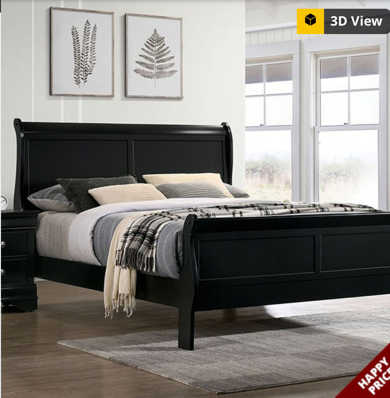 5Pc Black Sleigh Bed Bedroom Set