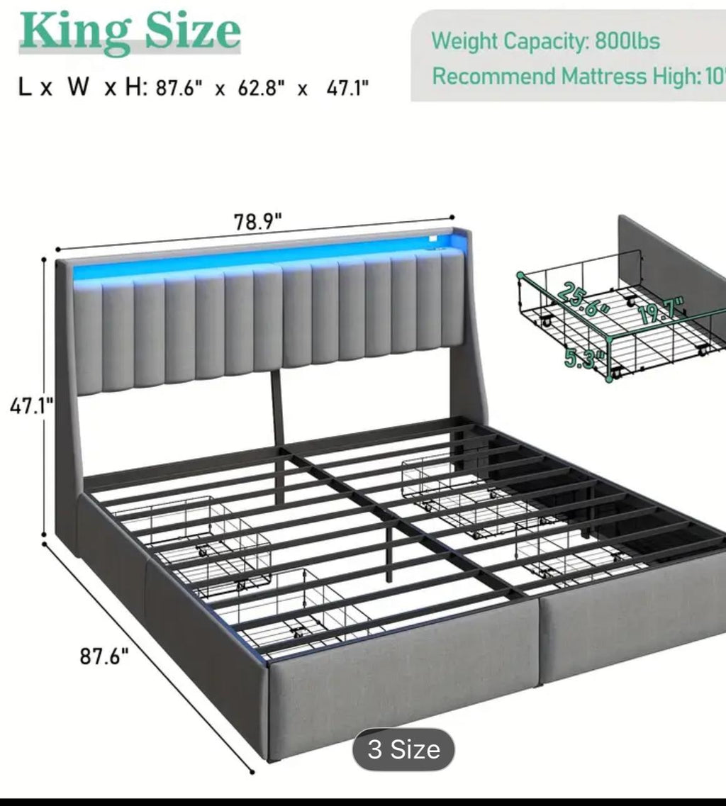 Full Queen Bed Frame With Storage Headboard And 2 Drawer,