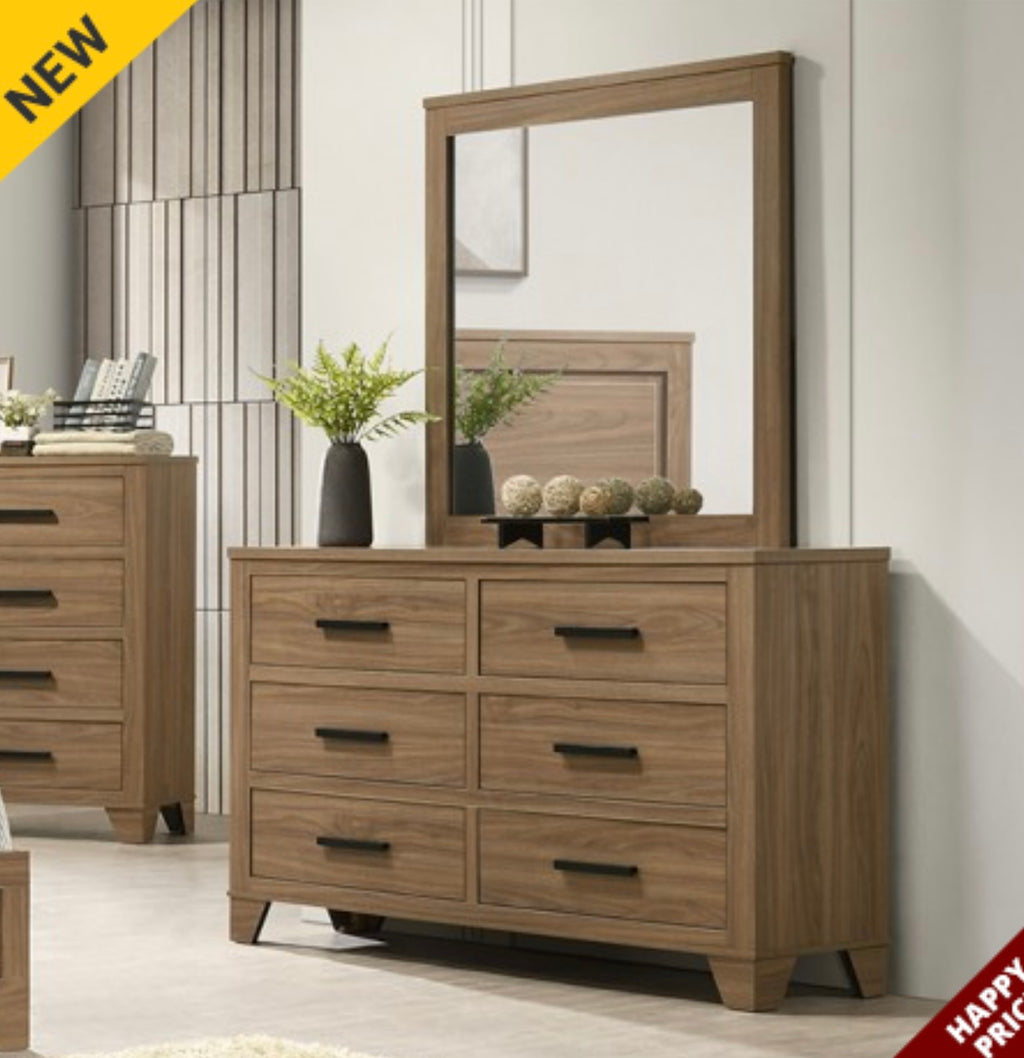 Walnut Metal Center Glide Dresser with Mirror