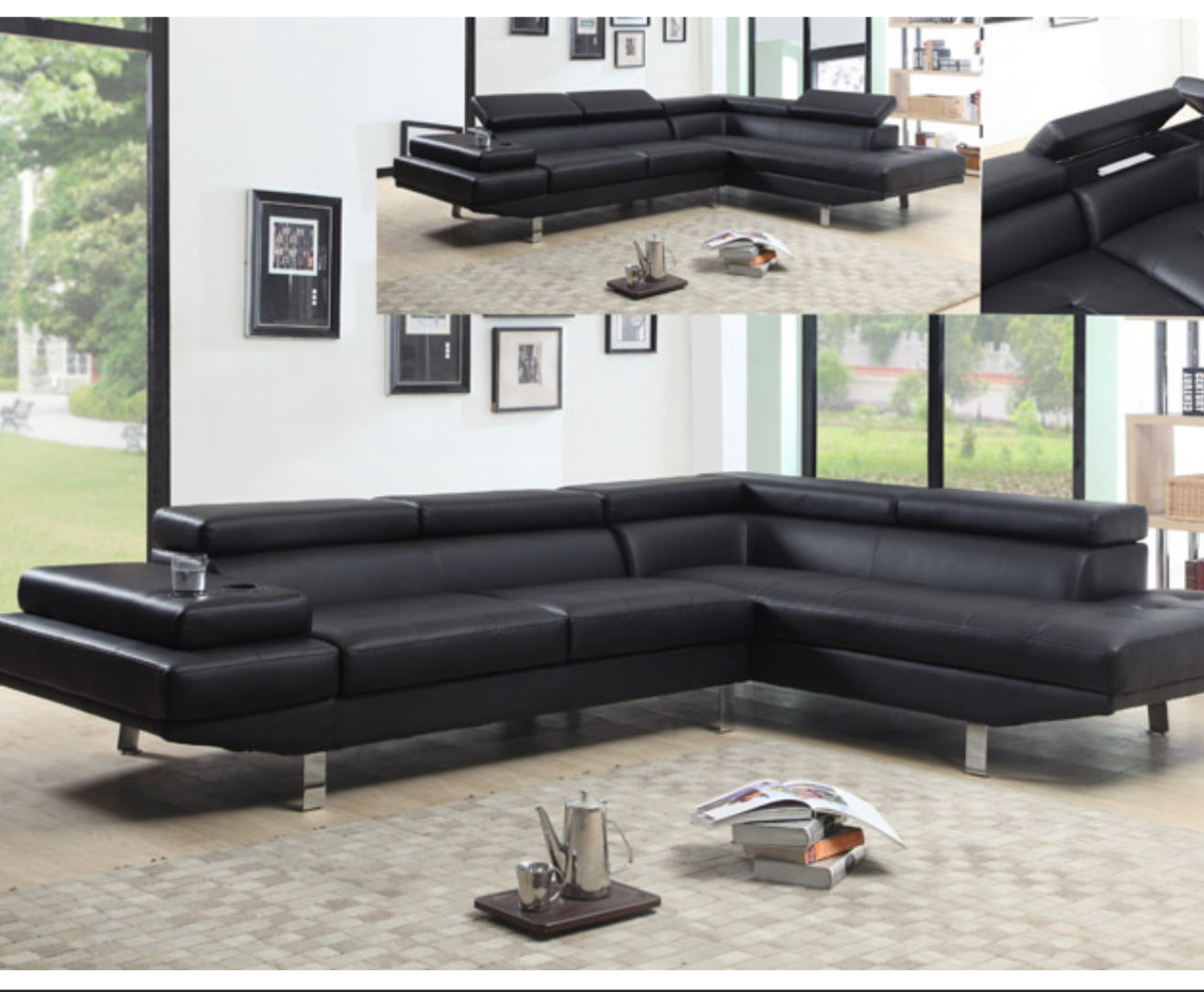 Black Leather Sectional w/Adjustable Headrest
