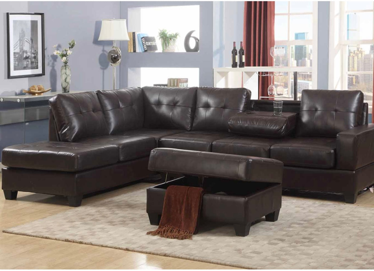 Brown Leather Sectional w/ Ottoman.