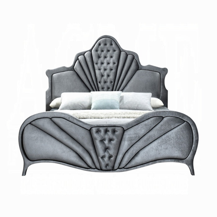 Gray Velvet upholstered Queen King Bed