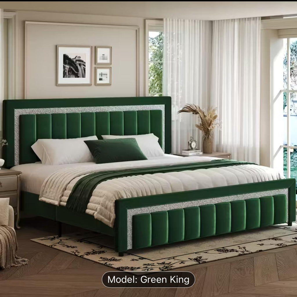 Green Velvet Upholstered Platform Bed. $500