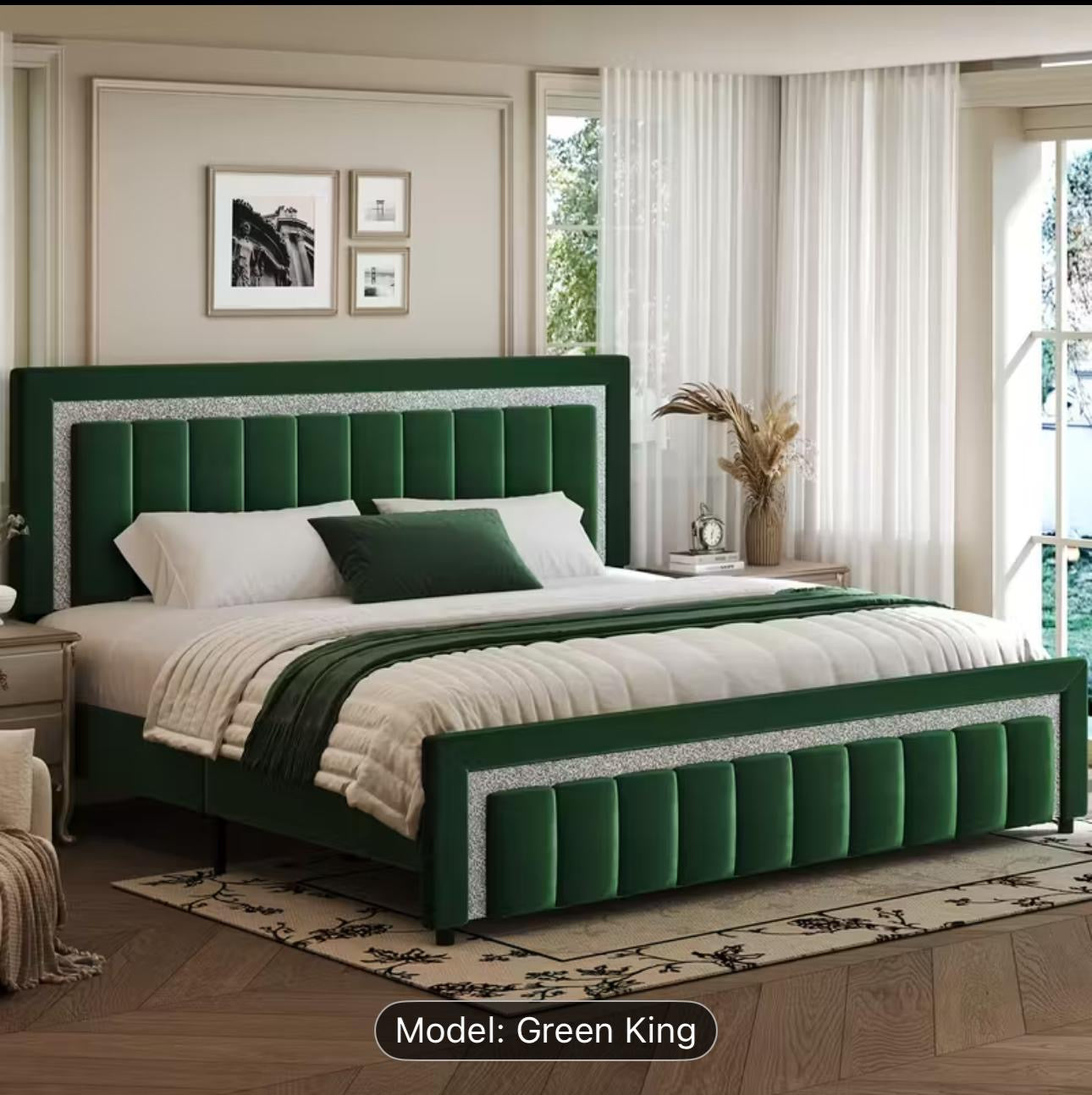 Green Velvet Upholstered Platform Bed. $500