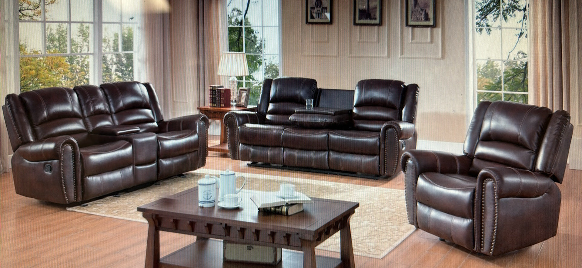 Brown Leather Recliner Livingroom Set W/ Nail Head Trim