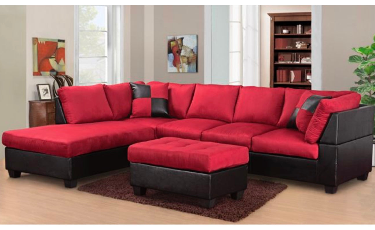 Red Microfiber Sectional w/ Ottoman