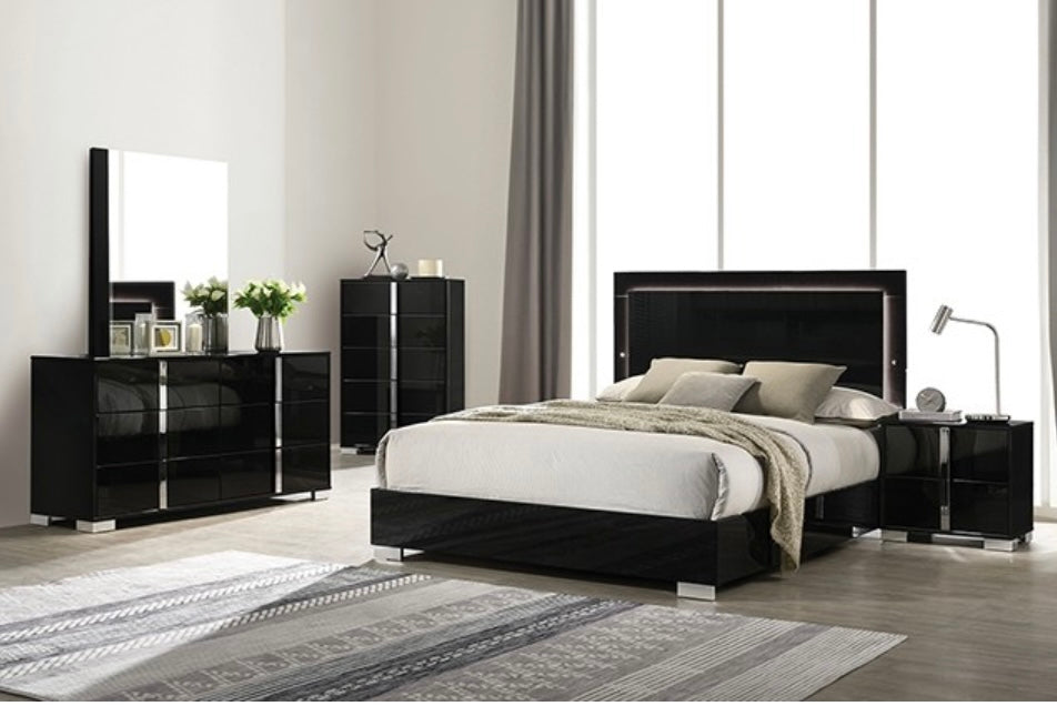 Black King Queen Panel Bed with LED Light