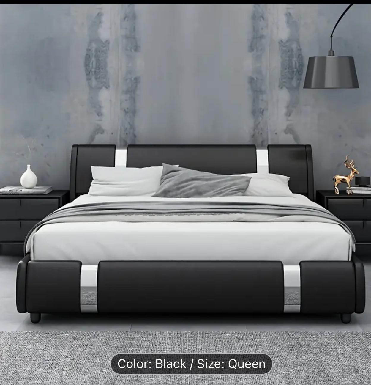 Modern Faux Leather Upholstered Platform Bed Frame With Iron Metal Decor