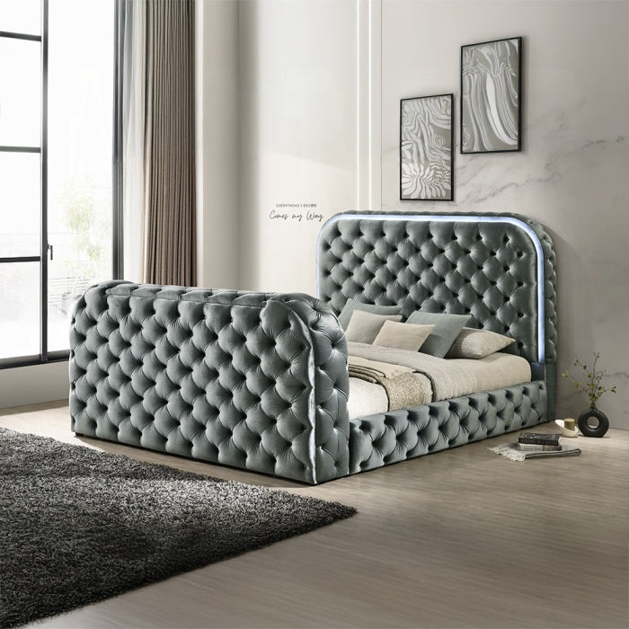 Gray Velvet Queen Bed w/LED, Fireplace & TV Stand