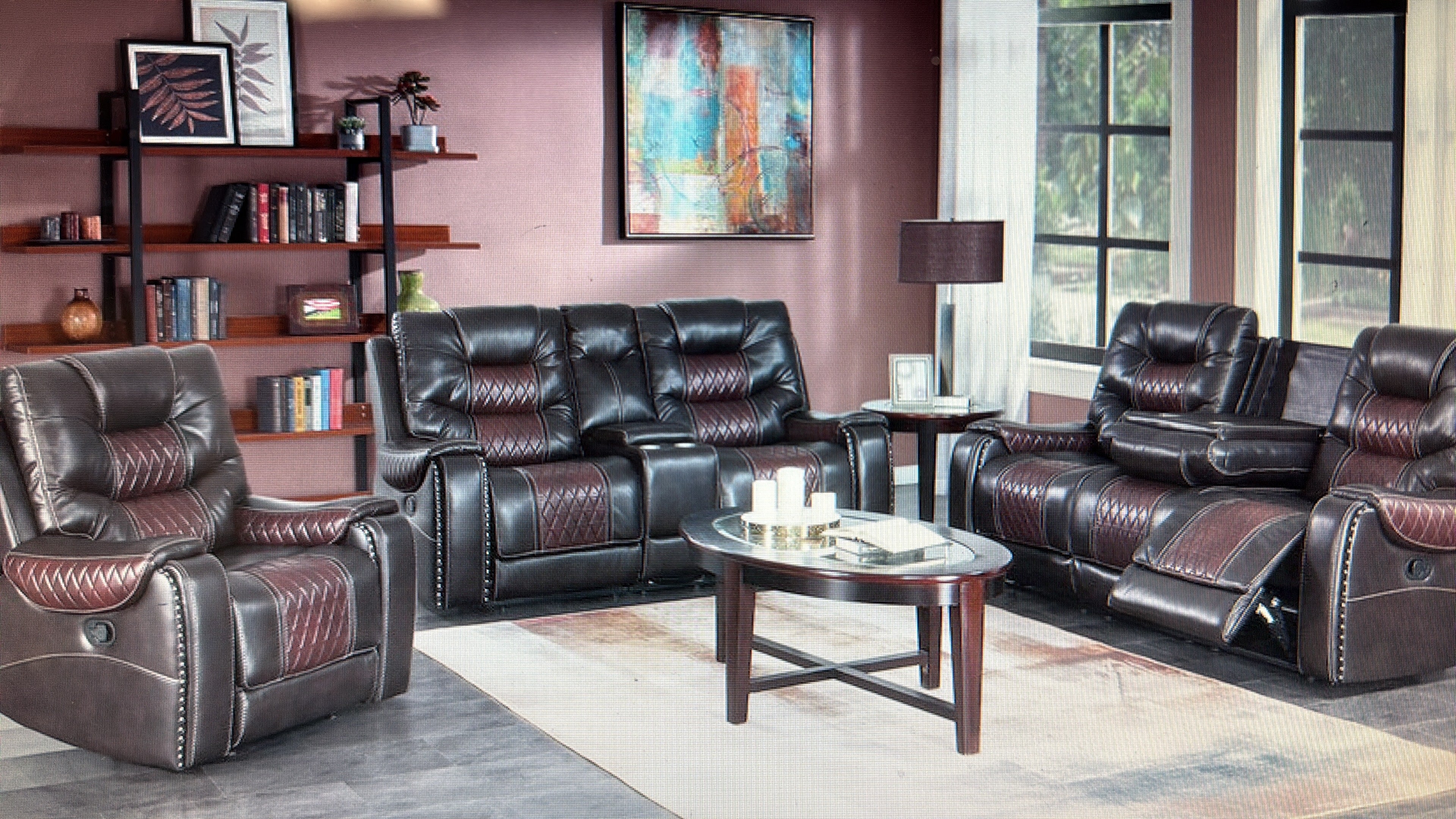Two-Tone Brown Leather Recliner Livingroom Set