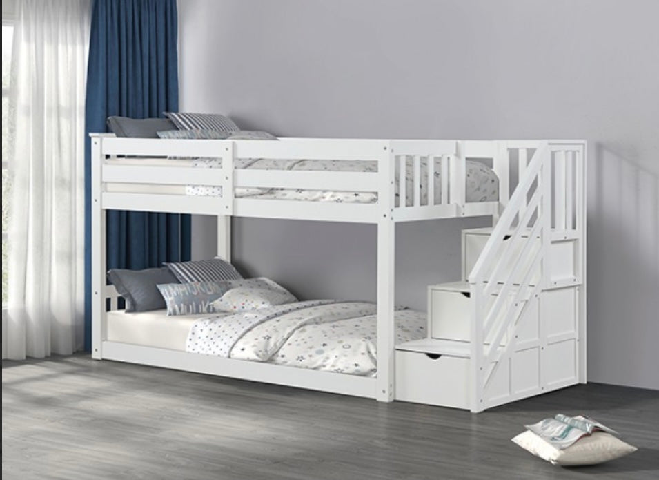 White Twin/Twin Step Bunk Bed w/ Drawers