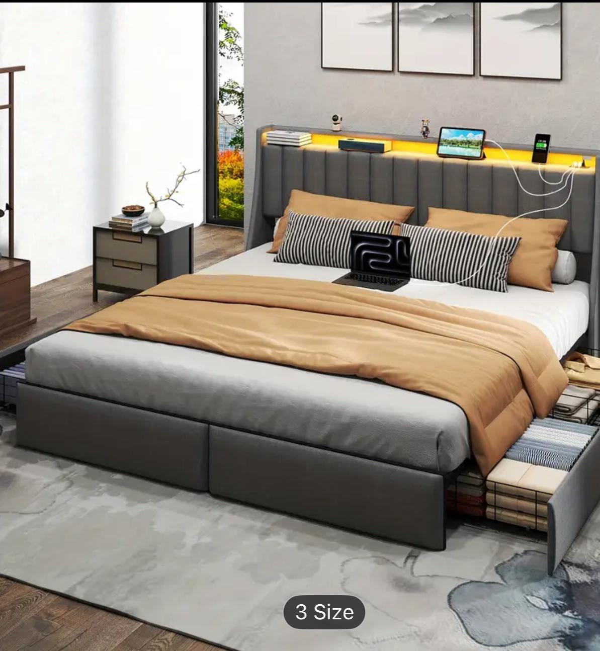 Full Queen Bed Frame With Storage Headboard And 2 Drawer,