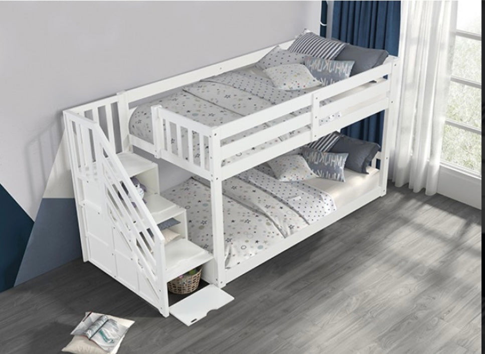 White Twin/Twin Step Bunk Bed w/ Drawers
