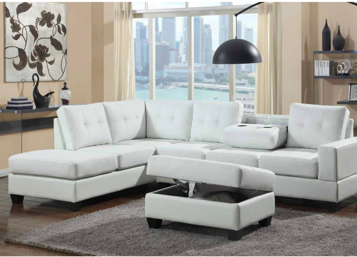 White Leather Sectional w/ Storage Ottoman.