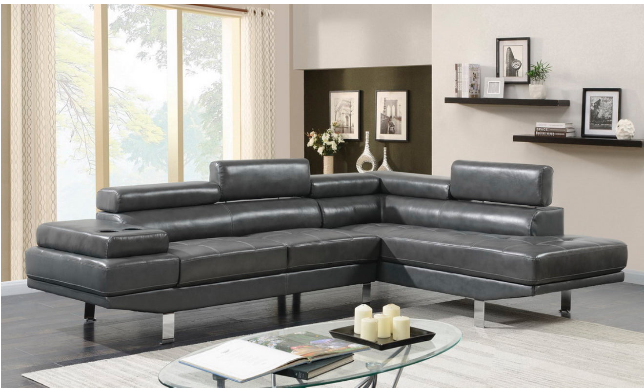 Gray Leather Sectional w/Adjustable Headrest