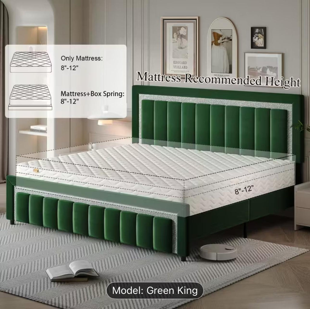 Green Velvet Upholstered Platform Bed. $500