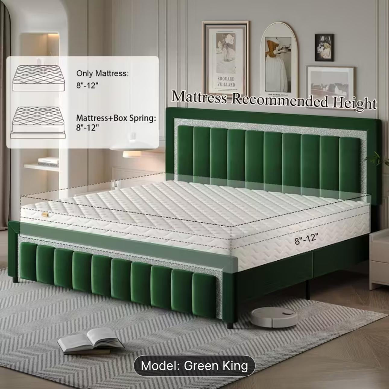 Green Velvet Upholstered Platform Bed. $500
