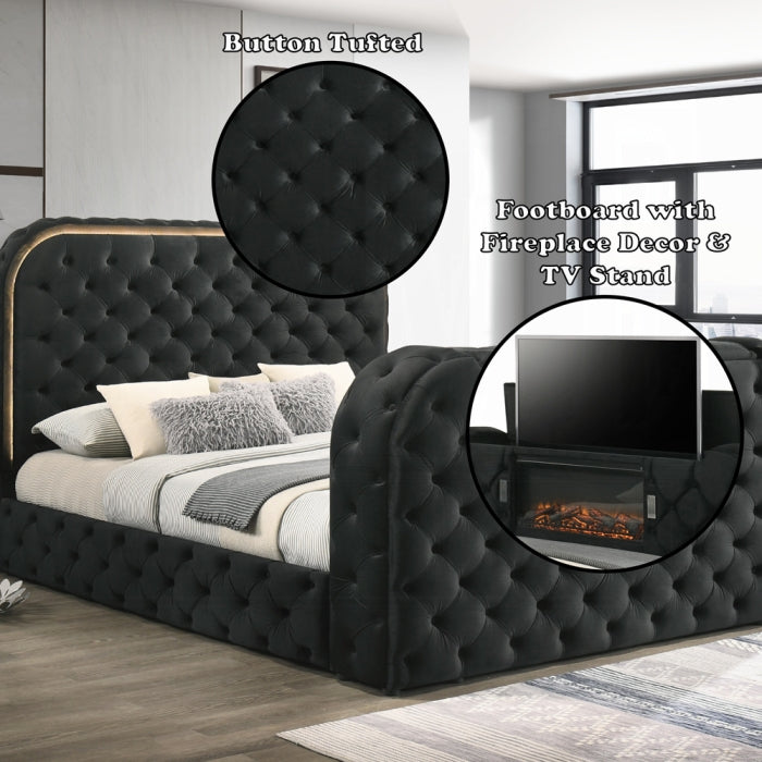 Black King Queen Bed w/LED, Fireplace & TV Stand