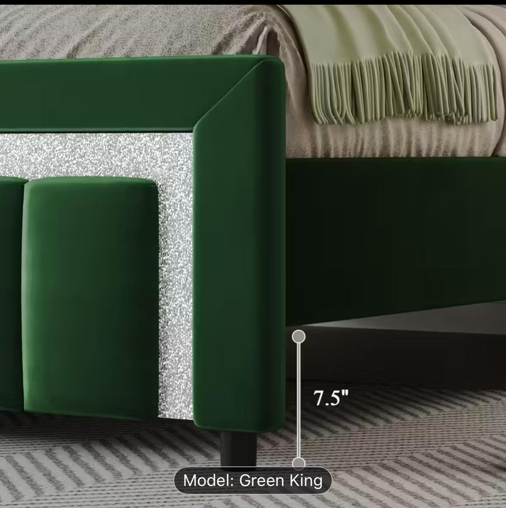 Green Velvet Upholstered Platform Bed. $500