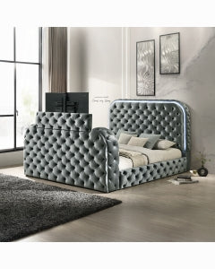 Gray Velvet Queen Bed w/LED, Fireplace & TV Stand