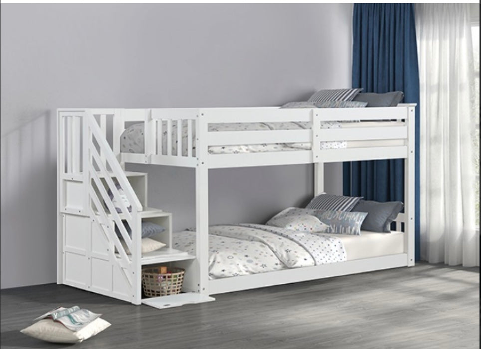 White Twin/Twin Step Bunk Bed w/ Drawers