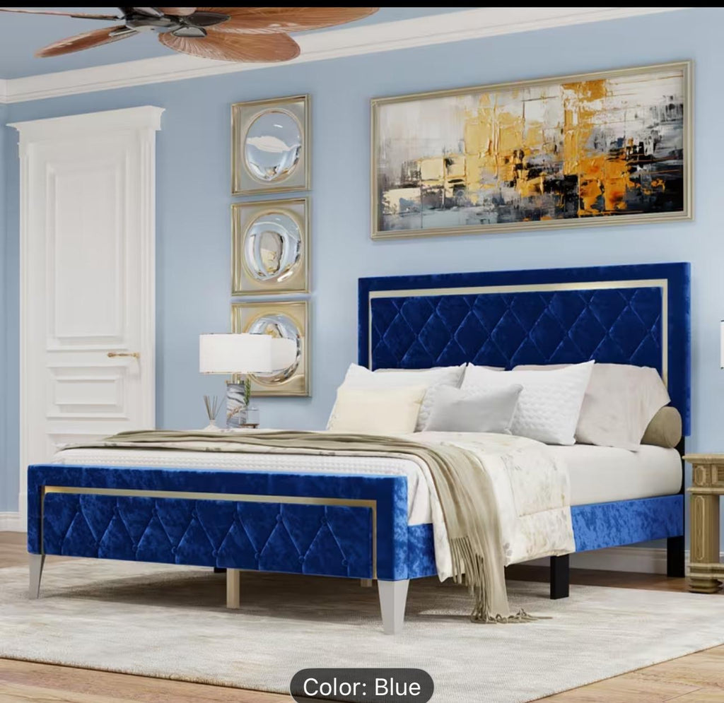 Blue Velvet Upholstered Platform Bed