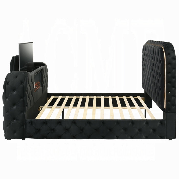 Black King Queen Bed w/LED, Fireplace & TV Stand