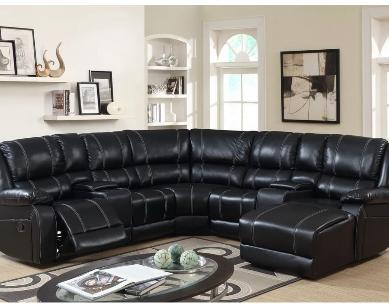 Black Leather Recliner Sectional w/Chaise