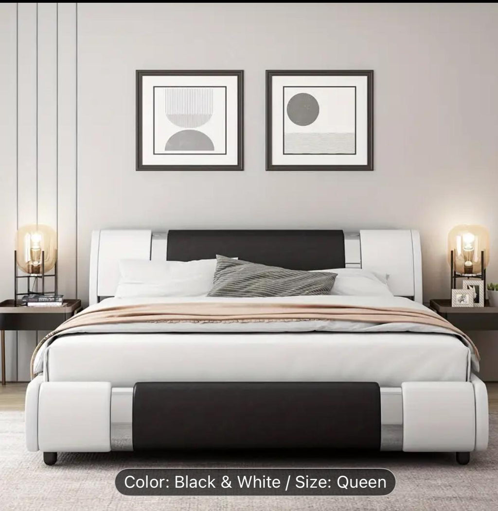 Modern Faux Leather Upholstered Platform Bed Frame With Iron Metal Decor