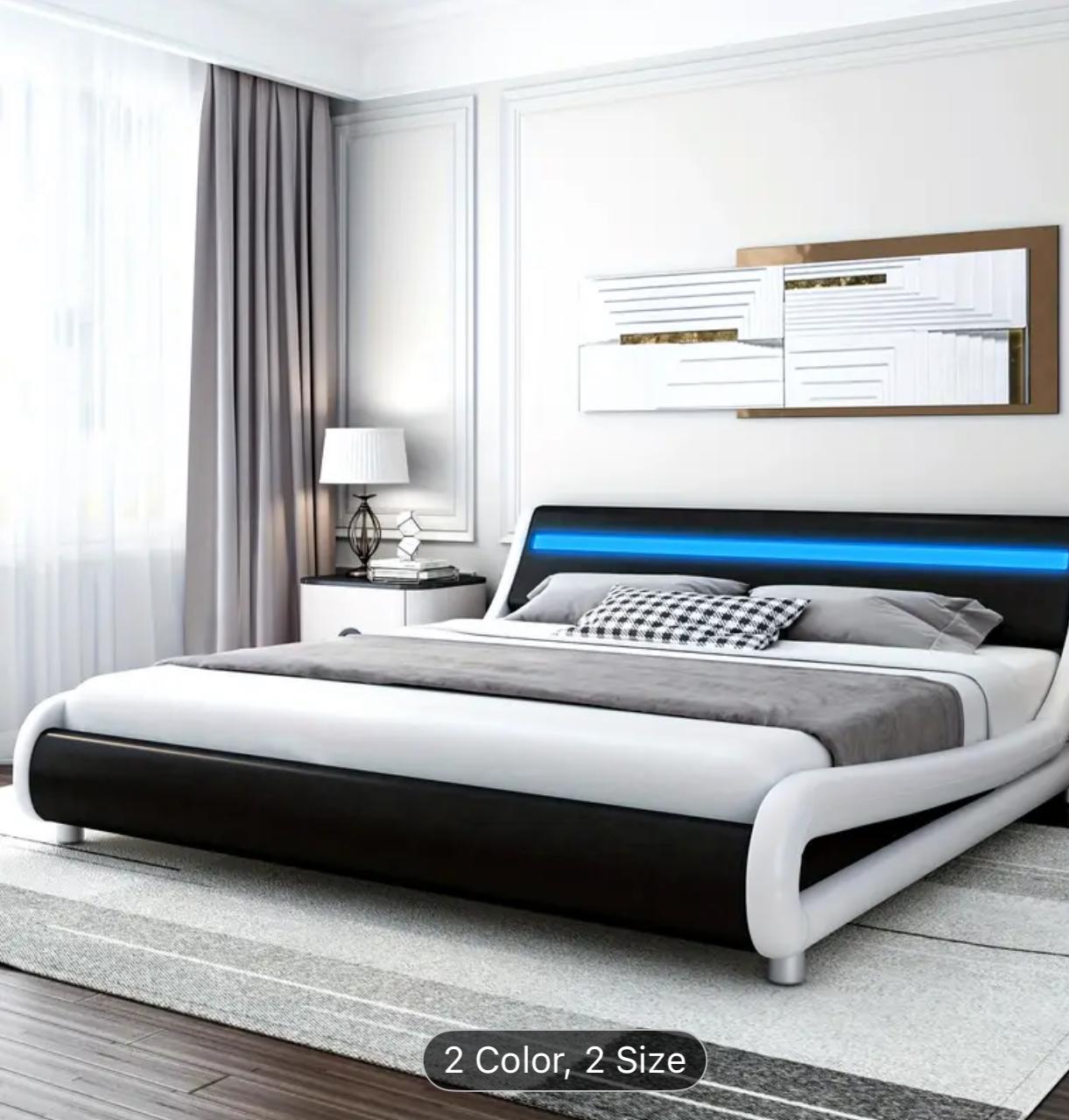 Multifunctional Floating Bed Frame With Storage Headboard And Charging Station, LED