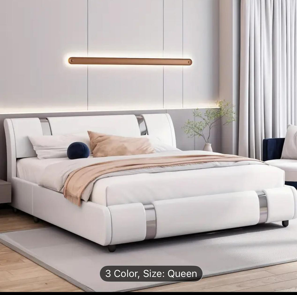 Modern Faux Leather Upholstered Platform Bed Frame With Iron Metal Decor