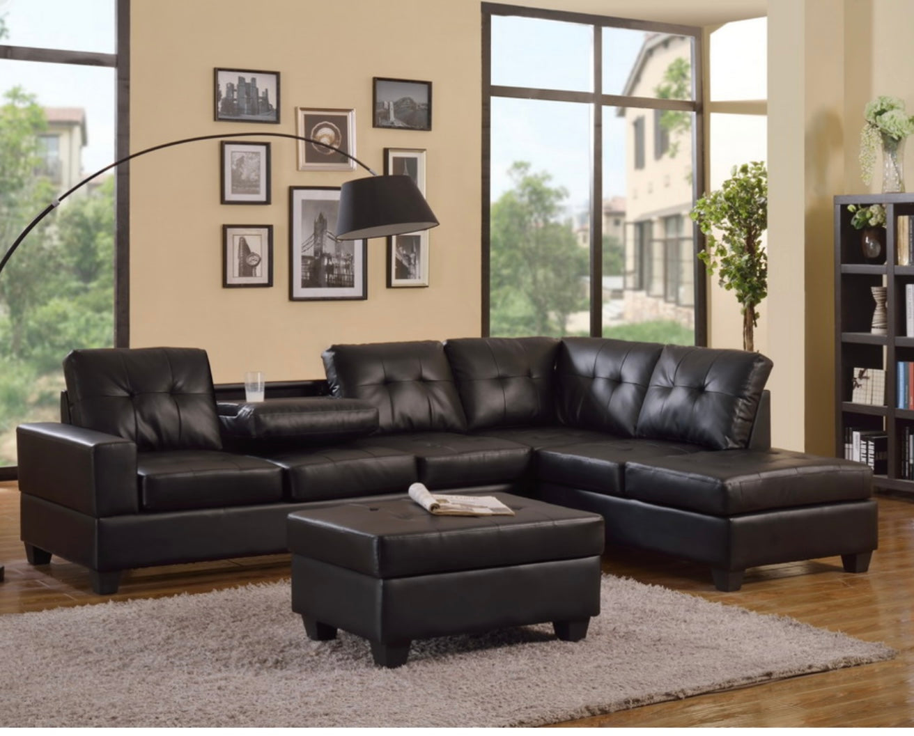 Black Leather Sectional w/ Ottoman.