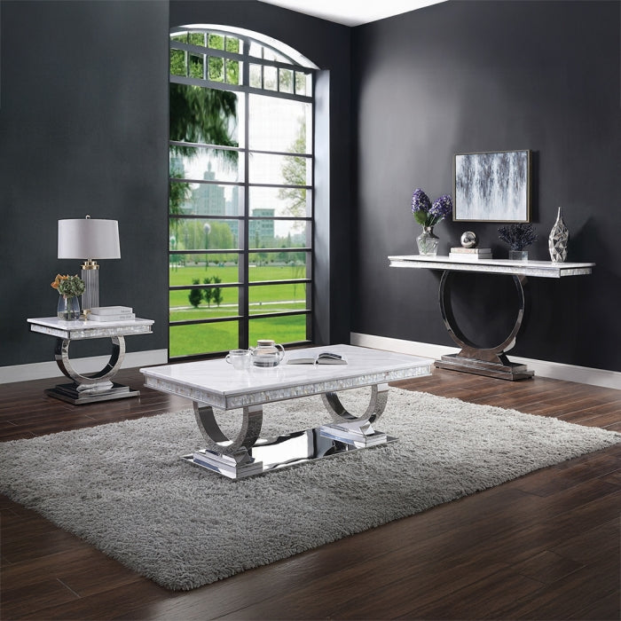 Genuine Marble Top Silver Coffee & Sofa Table Set