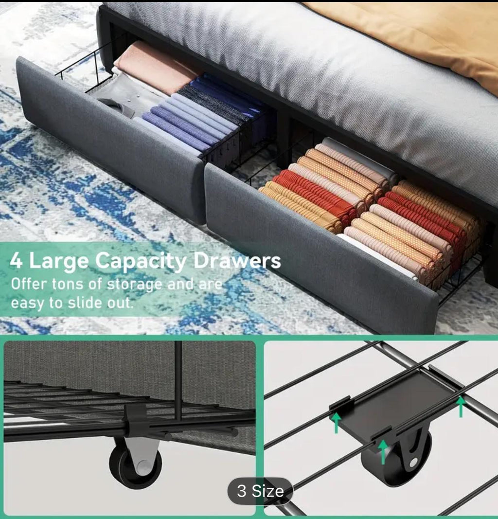 Full Queen Bed Frame With Storage Headboard And 2 Drawer,