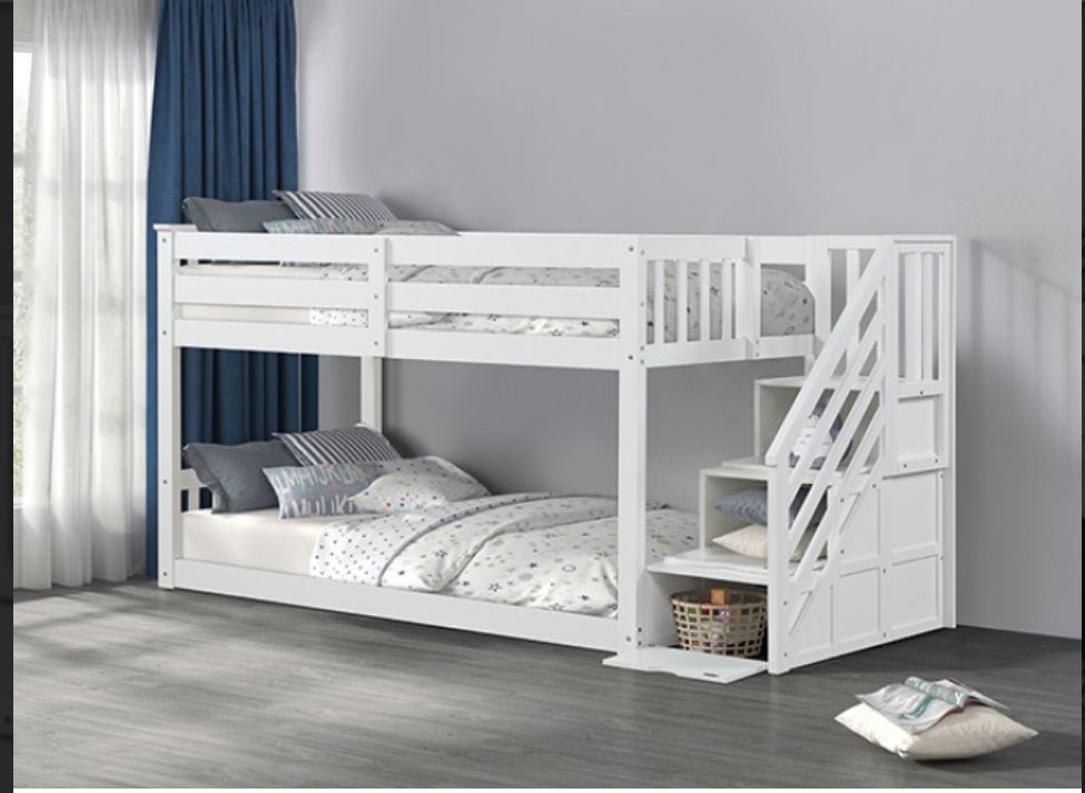 White Twin/Twin Step Bunk Bed w/ Drawers