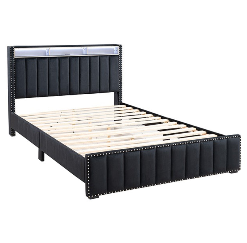 Black Solid Wood & Fabric Platform Bed