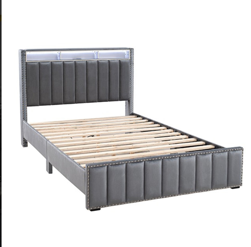 Gray Solid Wood & Fabric Platform Bed
