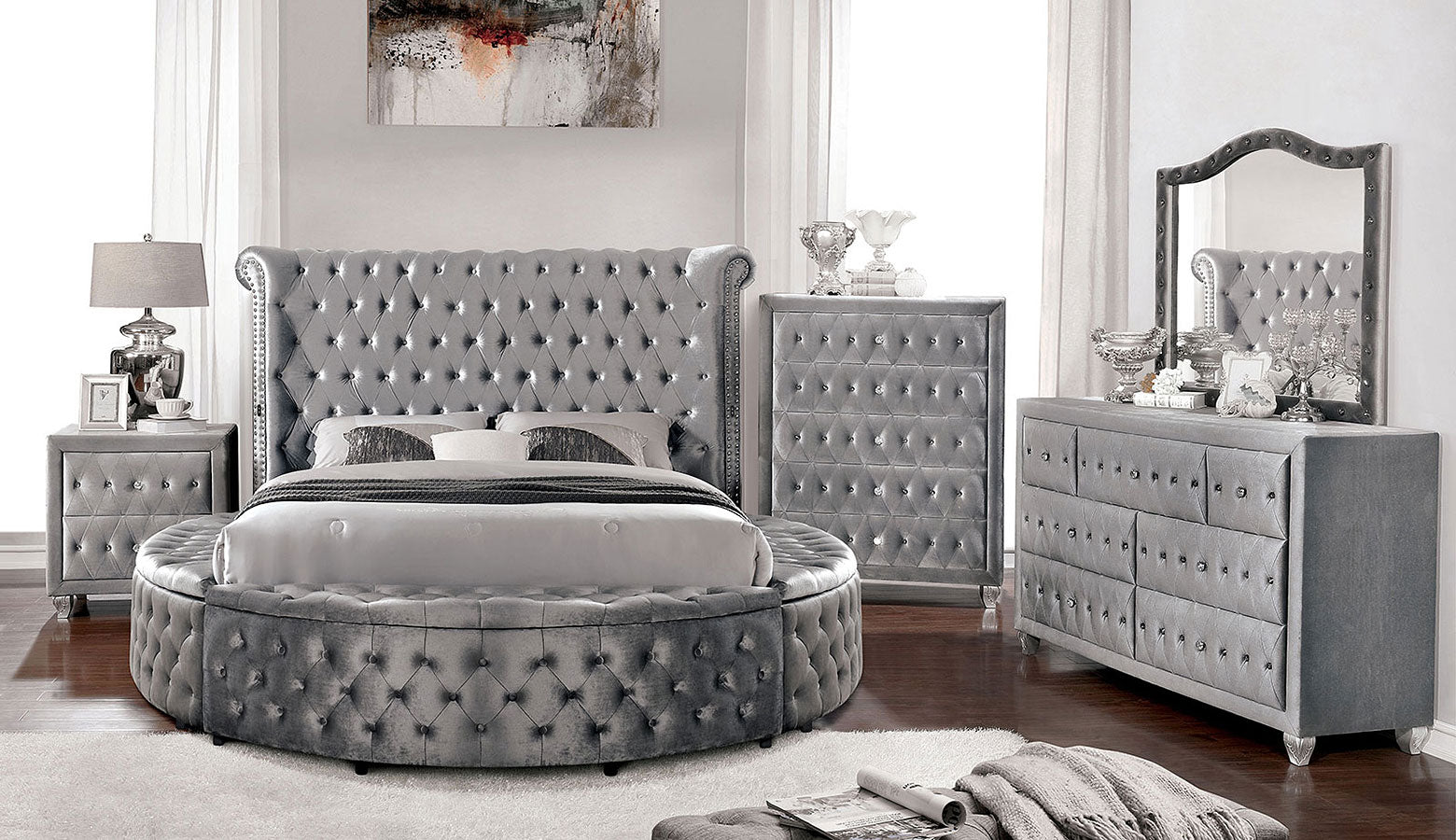 SANSOM E.King & Queen Bed, Black, Blue, & Grey