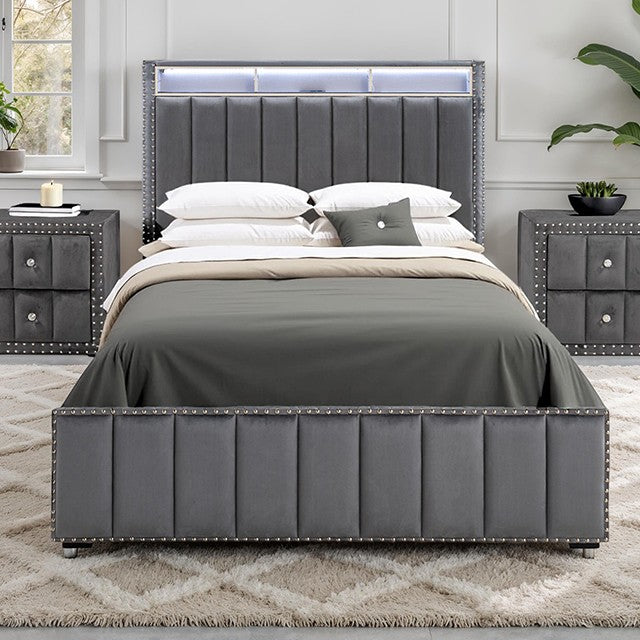 Gray Solid Wood & Fabric Platform Bed