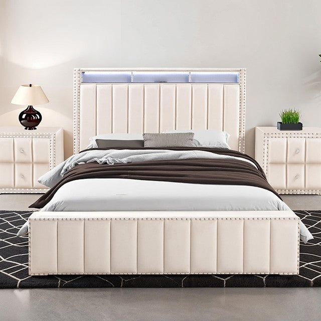 Beige Solid Wood & Fabric Platform Bed.